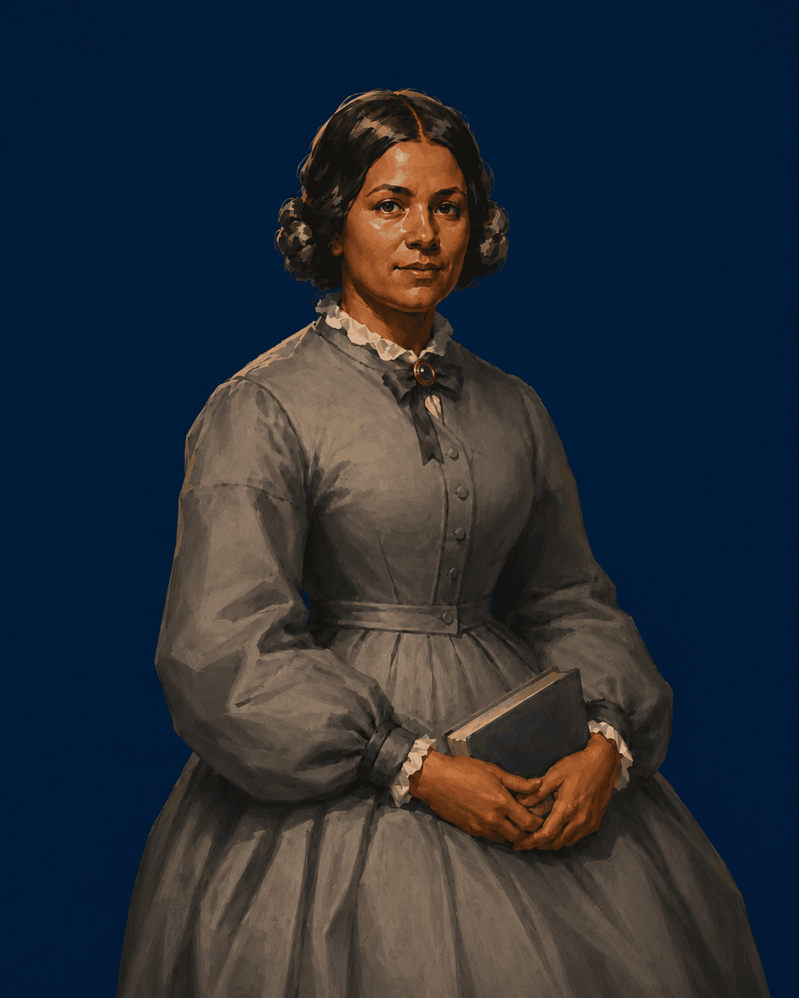 Painted portrait of Ann Maria Caroline Vanpine, in dark navy dress with a high collar, hair gathered back, dark complexion.